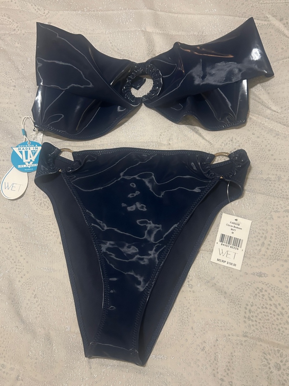 WET SWIMWEAR Off-Shoulder Ring Detail Latex Bikini in Navy Blue - Picture 3 of 9
